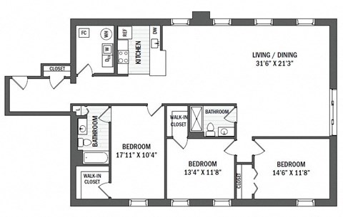 Floor plan for 3 beds, 2 baths, 1714 sqft